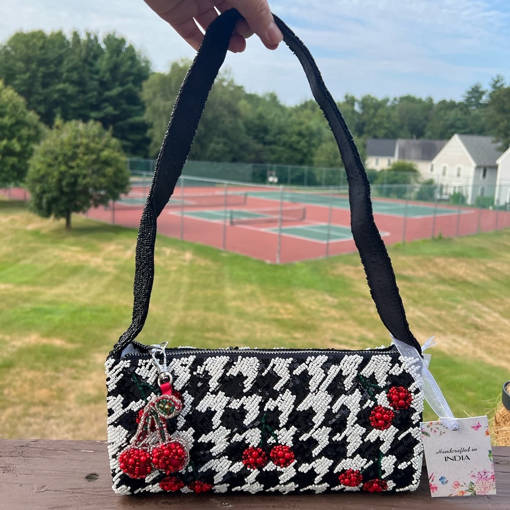 Black and White Beaded Handbag with Cherry Accents